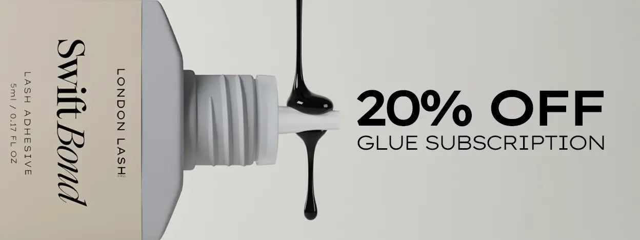 Banner de suscripción pegamento para pestañas con un 20% de descuento