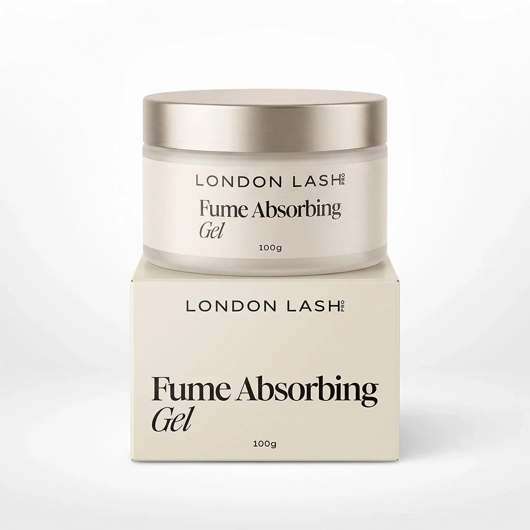 Bote de Fume Absorbing Gel 100g de London Lash Pro con su caja color crema