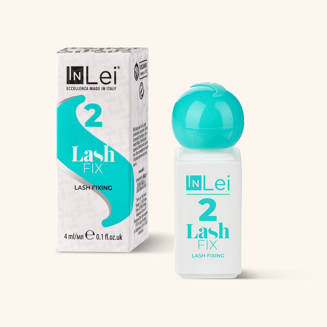 Foto de alta resolución del InLei® Lash Fix 2, exhibiendo la botella y su caja, que informa sobre los ingredientes activos y el modo de empleo para lograr los mejores resultados en tratamientos de belleza para pestañas