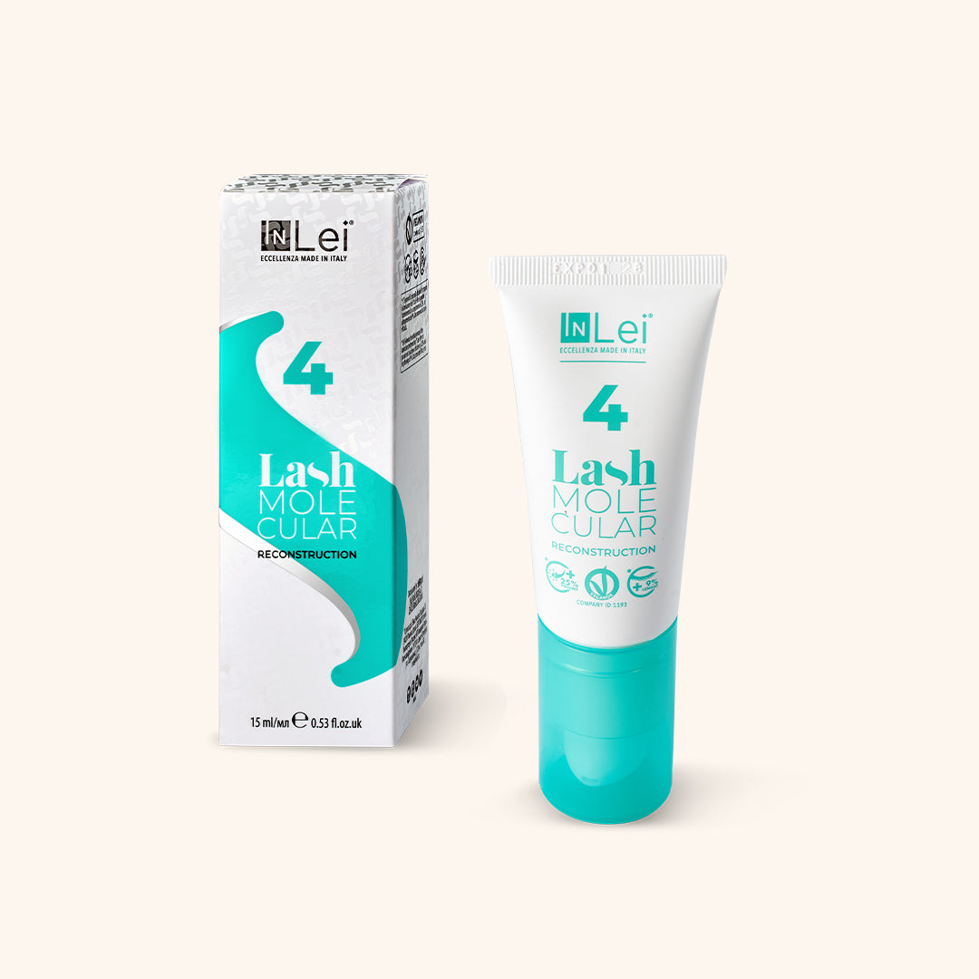 Fotografía del tubo de InLei® Lash Molecular 4 Gel, mostrado junto a su caja descriptiva que ilustra cómo usar el gel para mejorar la salud y el crecimiento de las pestañas