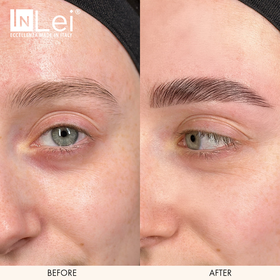 Comparación de antes y después de un tratamiento de cejas con el logo de InLei.