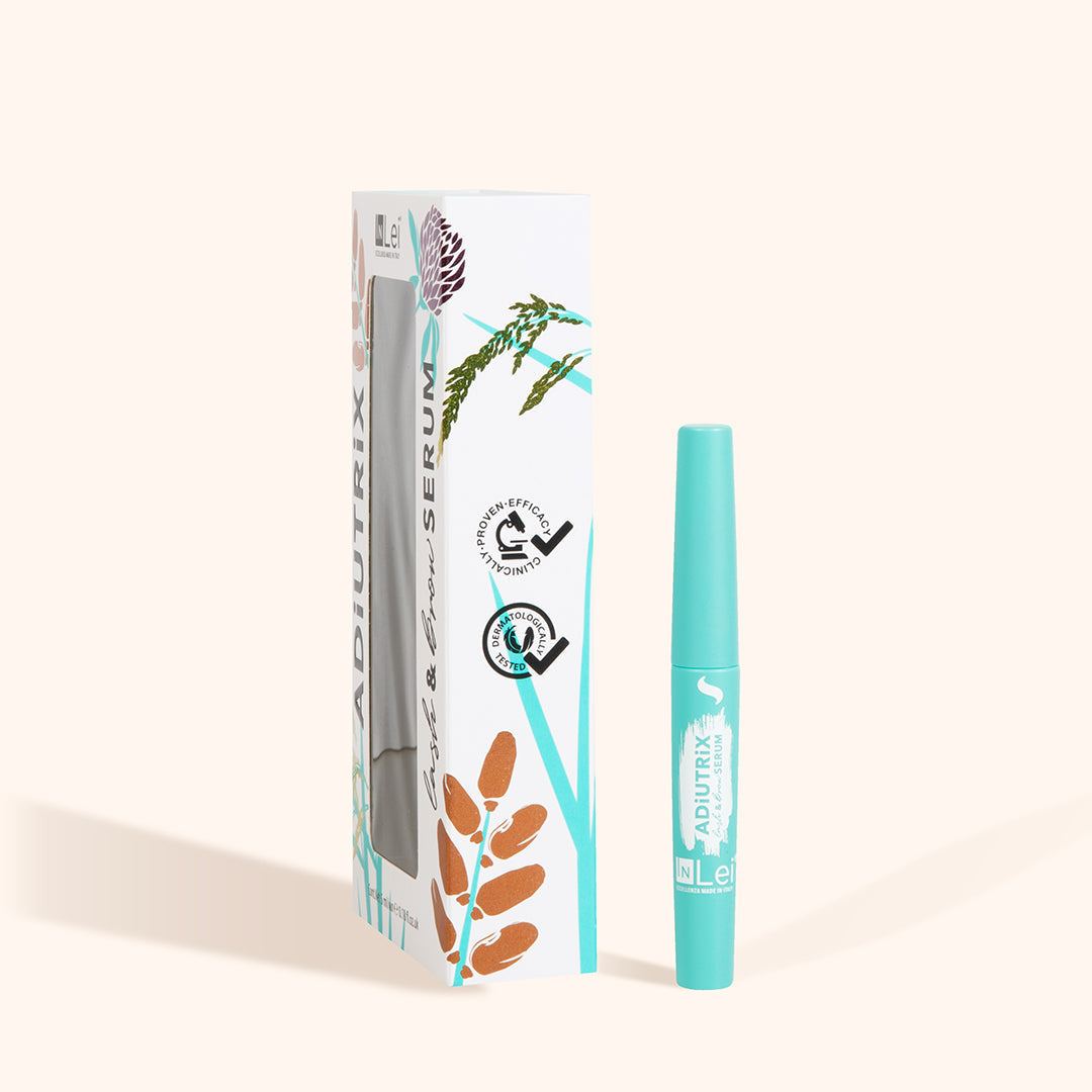 Botella de Serum de Pestañas y Cejas InLei® Adiutrix mostrando su diseño elegante.